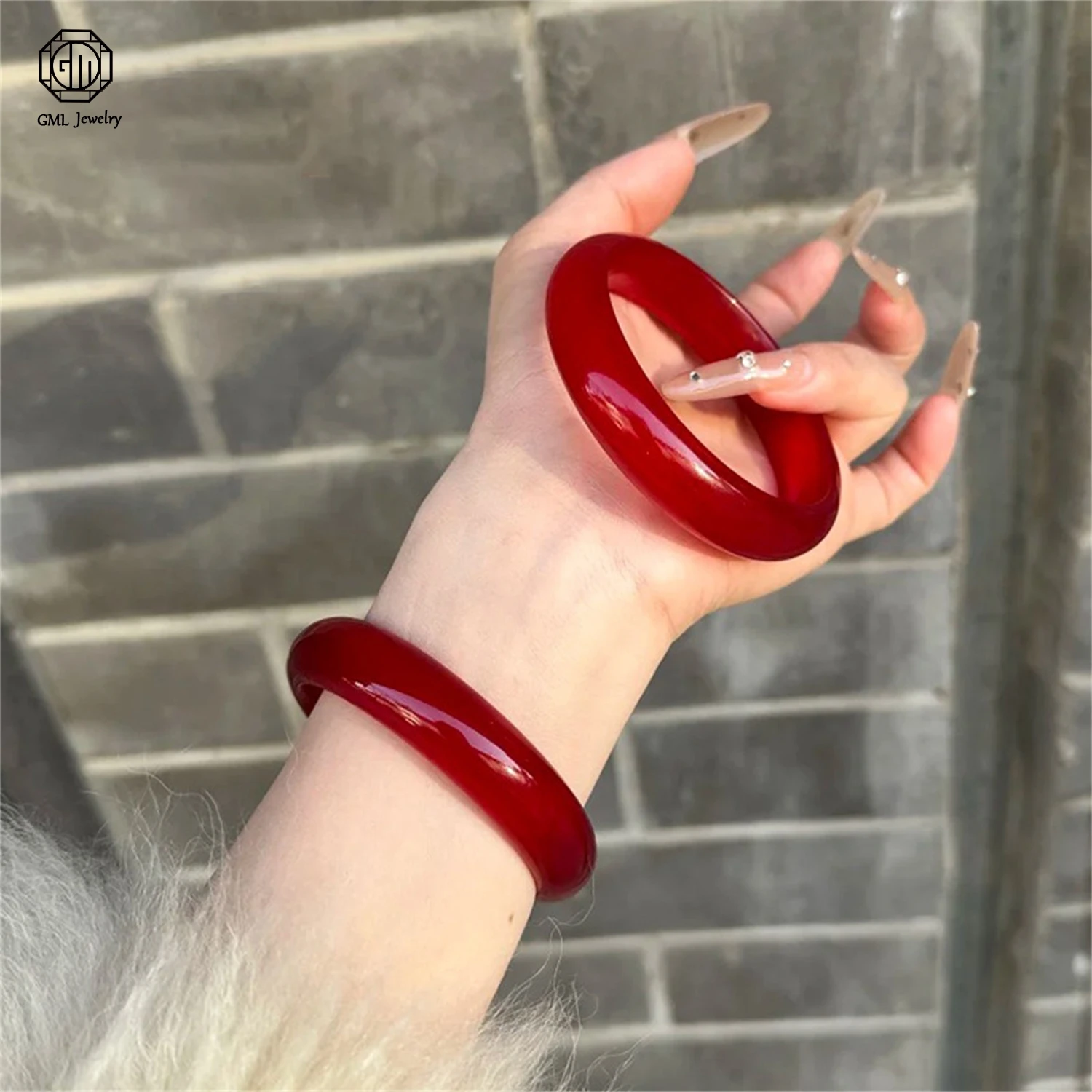

Natural Red Agate Chalcedony Bangle Genuine Bright Red Jade Stone Bracelet Women Chunky Medium Width Zodiac Year Lucky