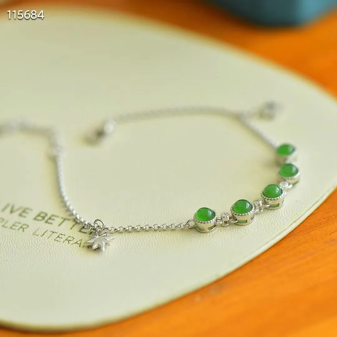 

Natural open 925 sterling silver bracelet inlaid green oval hetian jade temperament ladies jewelry bangles Ladies' Gift