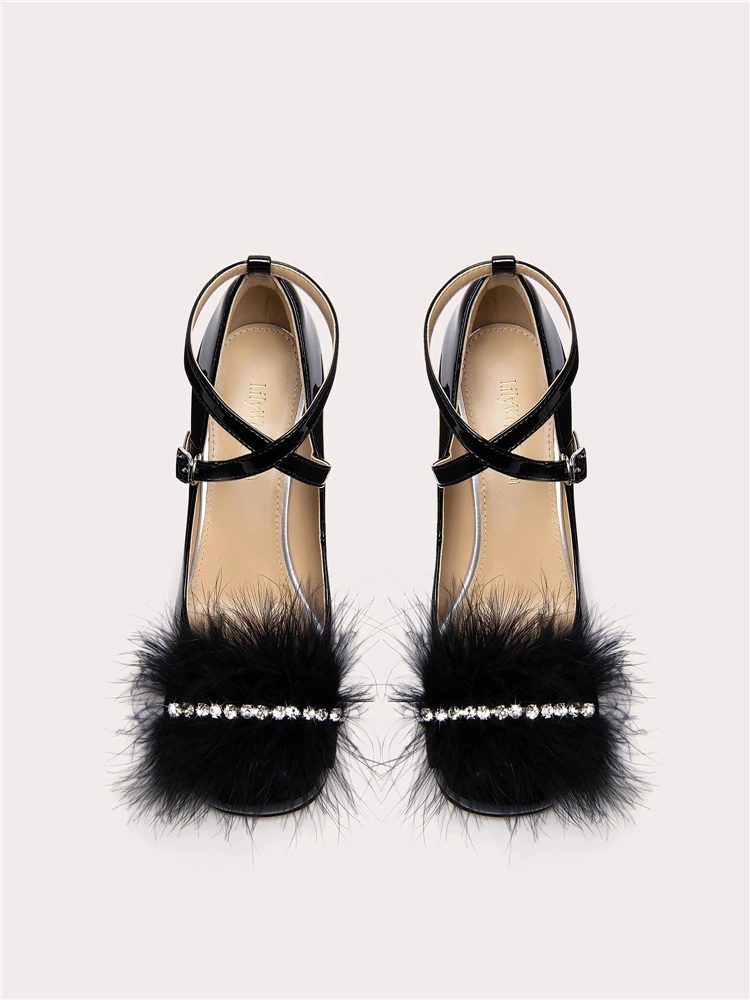 Spring new square toe patent leather rhinestone fur single shoes square heel high heel banquet large size small size women shoes