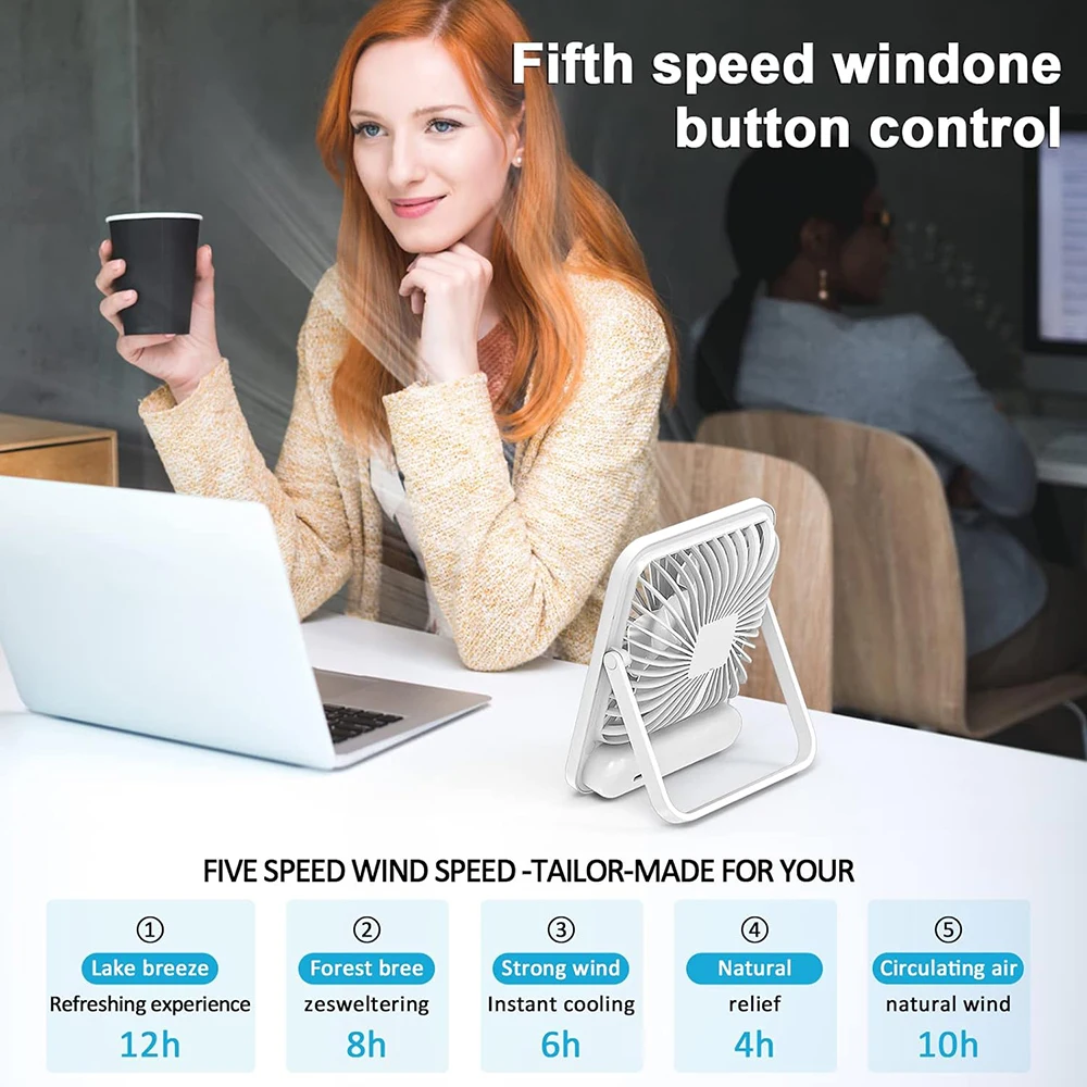 Desk Fan, 180° Tilt Folding Personal Fan With Power Display, 5 Speeds Ultra Quiet Table Fan, Portable USB Rechargeable Fan