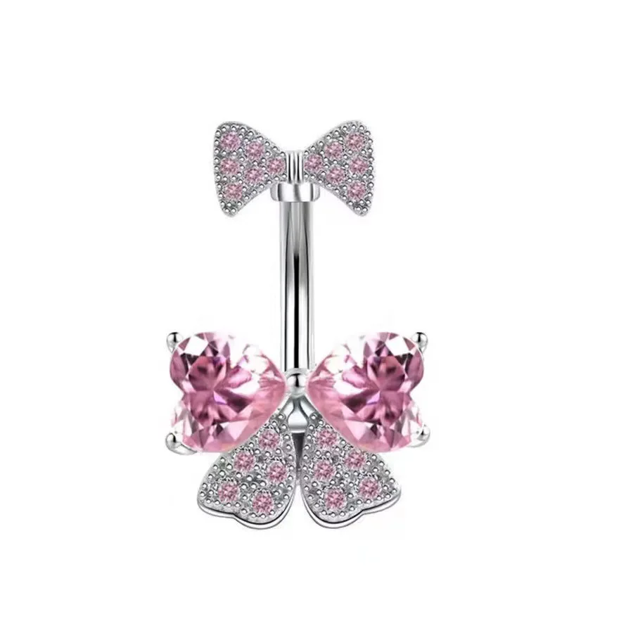 Piercing all'Ombelico a Forma di Cuore con Zircone Rosa, Accessorio Y2K Unisex con Design a Fiocco
