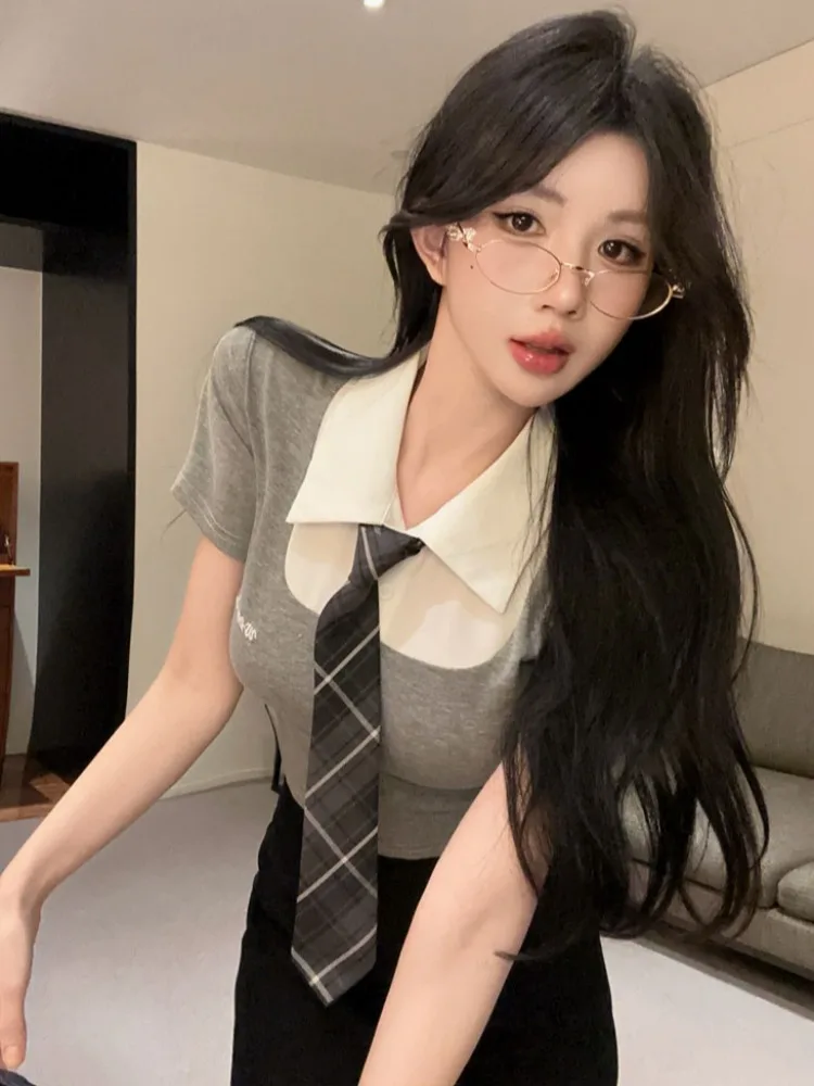 

Fashionable Grey Uniform Set Fake Two-Piece Short-Sleeved Shirt High-Waisted Slimming Wraparound Skirt Two-Piece Set for Women
