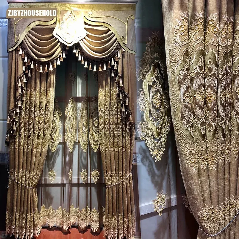 

New European Style Coffee Colored Chenille Embroidery Blackout Curtains for Living Dining Room Bedroom Luxury Atmospheric