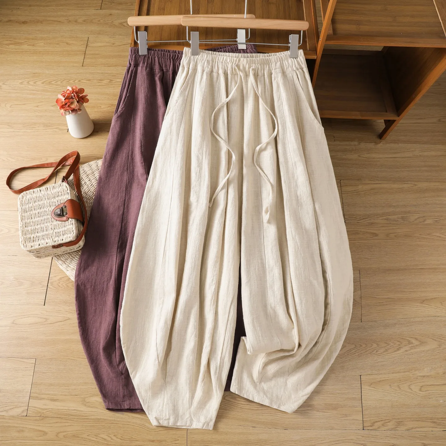 Cotton Linen Wide Leg Lantern Pants Women's New Original Slimming Pumpkin Pants Zen Casual Long Pants Purple Drawstring ...