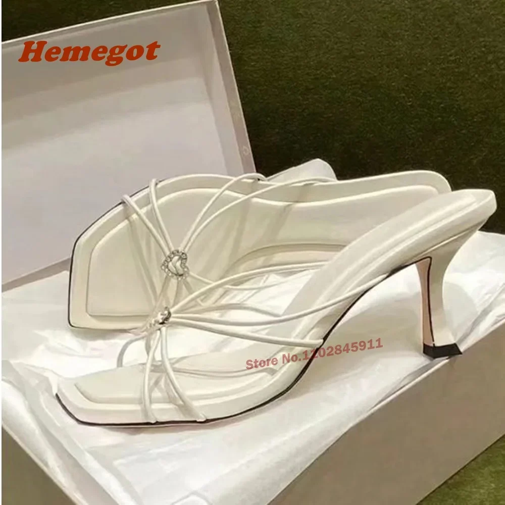 Straps Pink Leather Thin Heels Women's Sandals 2026 Love Crystals Slippers Square Toe Summer New Solid Party Wedding Shoes Sexy