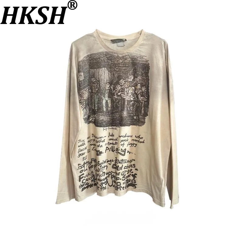 HKSH Autumn Men Tide Punk Niche Design Illustration Washed Loose Feel Long Sleeve Cotton T-shirt Chic Ins Letters Print HK15851