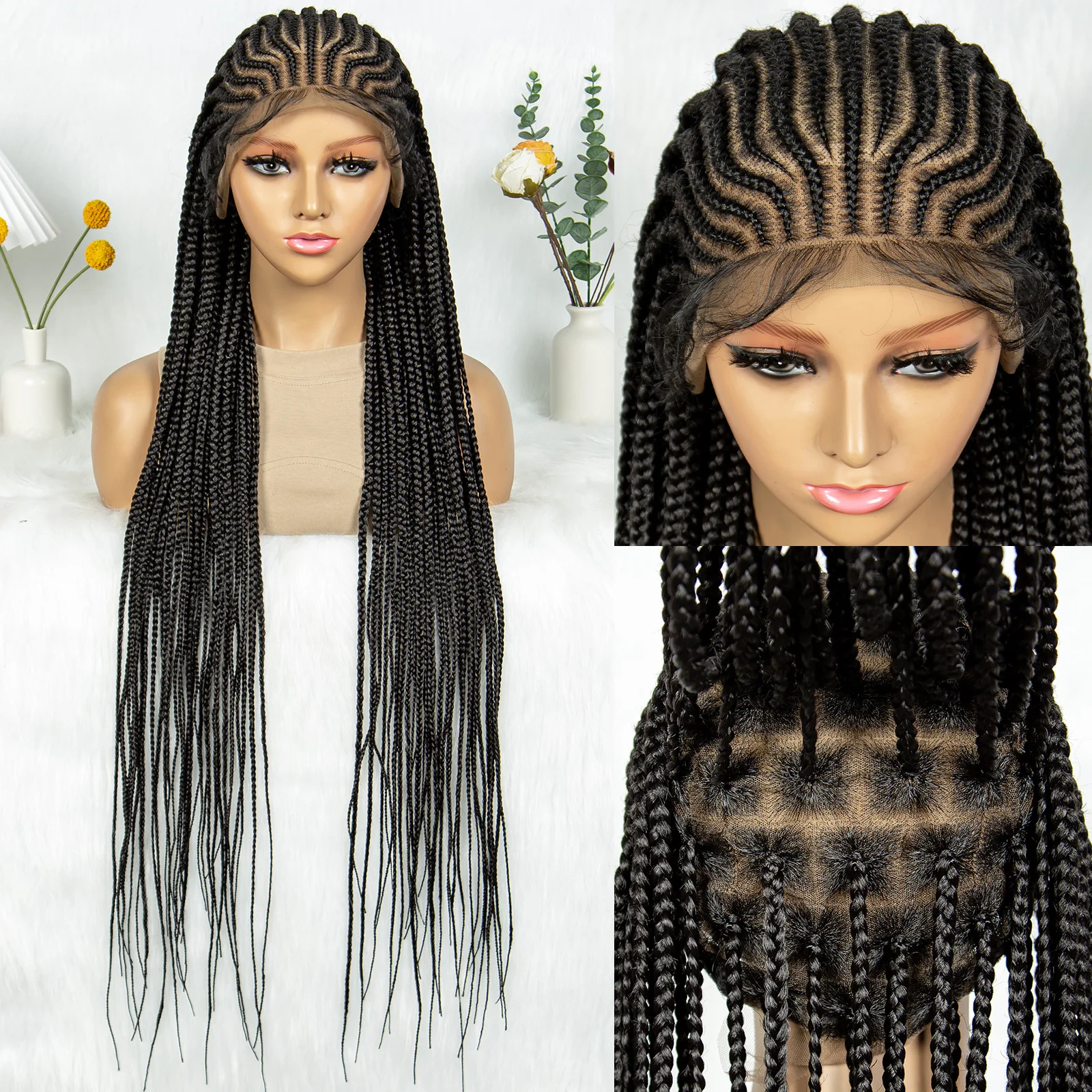 KIMA 34 inch Tribal Cornrow Braided Wigs Synthetic Transparent Full Lace Wig Box Braids With Baby Hair for Black Women