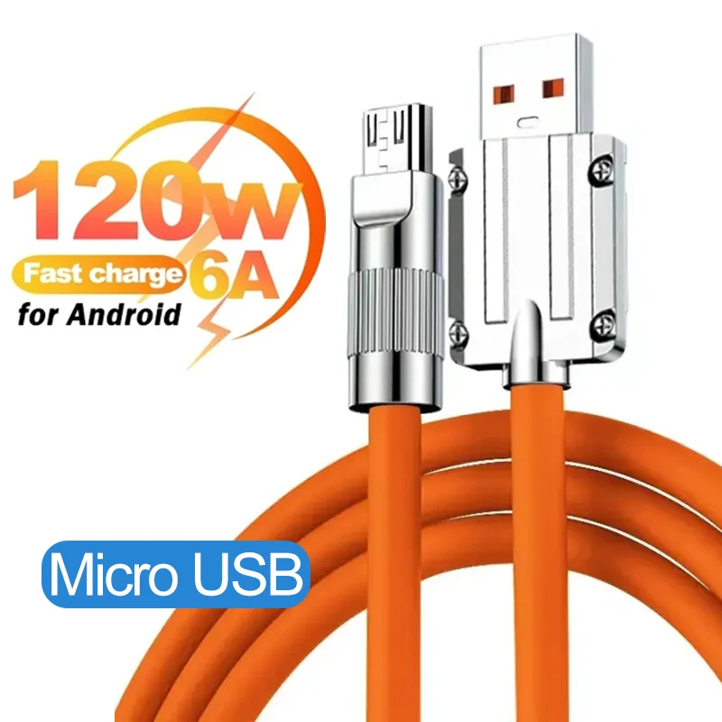 120W 6A Super Fast Android Charger Zinc Alloy Liquid Silicone Cable Micro USB Universal Android Phone Fast Charging USB Cable