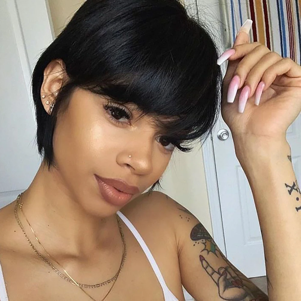 ストレート人毛ウィッグ ショートピクシーカットウィッグ レイヤー加工済み 生え際がプレプラッキングされた女性用ブラジル人毛マシンメイド100%人毛ウィッグ