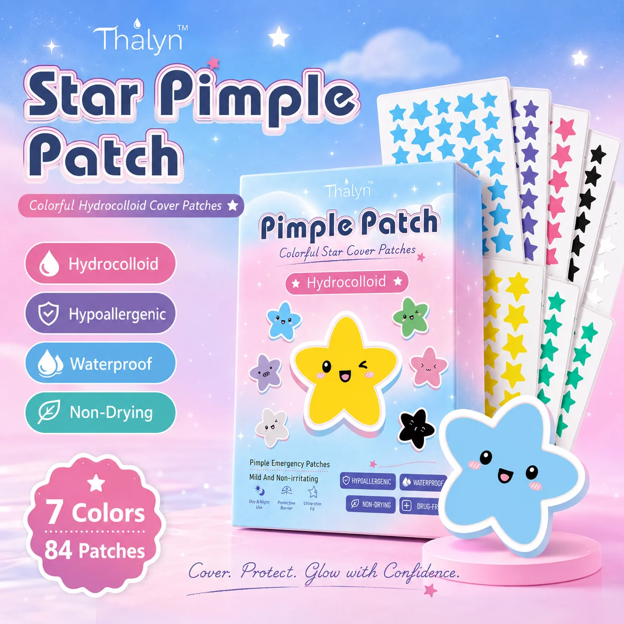 280PCS 7 Colors Star Acne Patches Salicylic Acid Hydrocolloid Pimple Stickers Strong Coverage Invisible Waterproof  Blemish