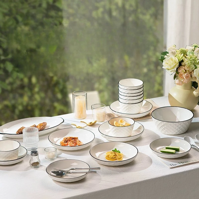 White Full Set Dinner Set Plates Design Aesthetic Elegant Ceramic Dinner Set Bowl Luxury Kitchen Bajilla Ceramica Dinnerware