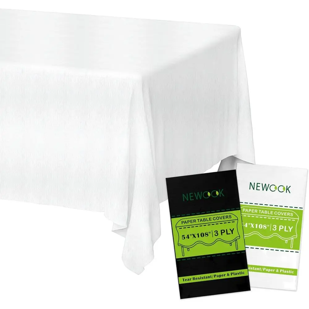 

White Disposable Rectangular Tablecloths, 12 Pack, 3-Ply Paper & Plastic, 54x108 for Parties & Outdoor Events