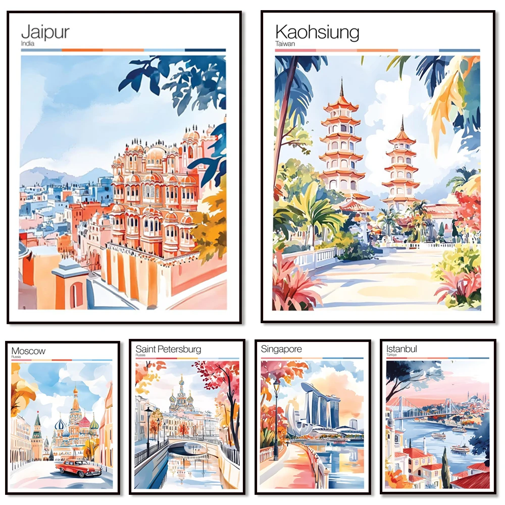 Carteles de viaje para San Petersburgo, Jaipur, Singapur, Yerevan, Armenia, Moscú, Colombo, Sri Lanka, Turquía, Corea del Sur, Japón