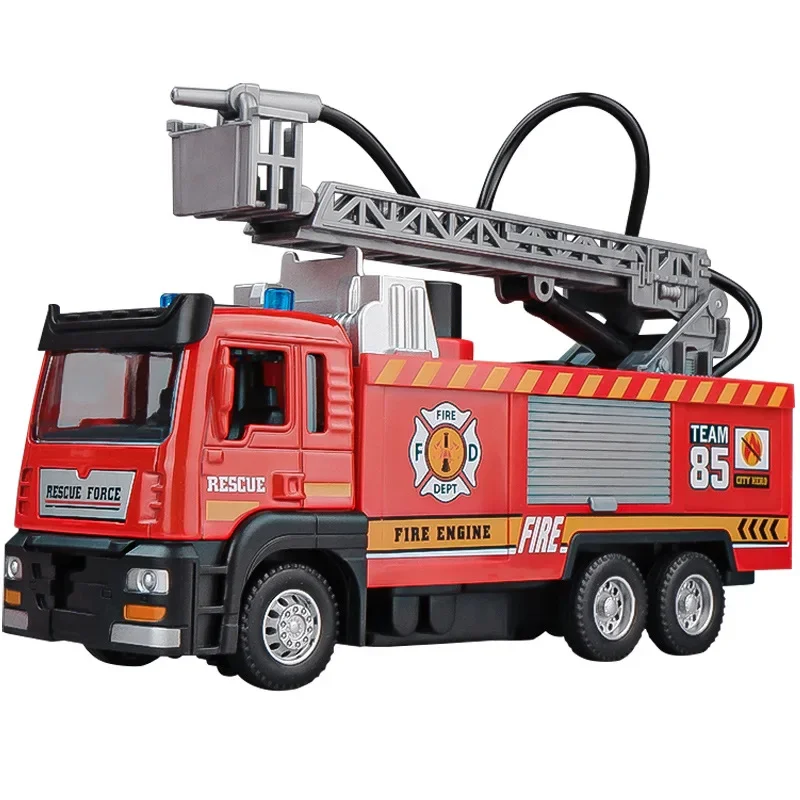 1/50 RC Sprinkler Fire Truck Diecast Alloy Toy With Light Music Water Simulation Spray Ladder Rescue Car Kids Toy Christmas Gift