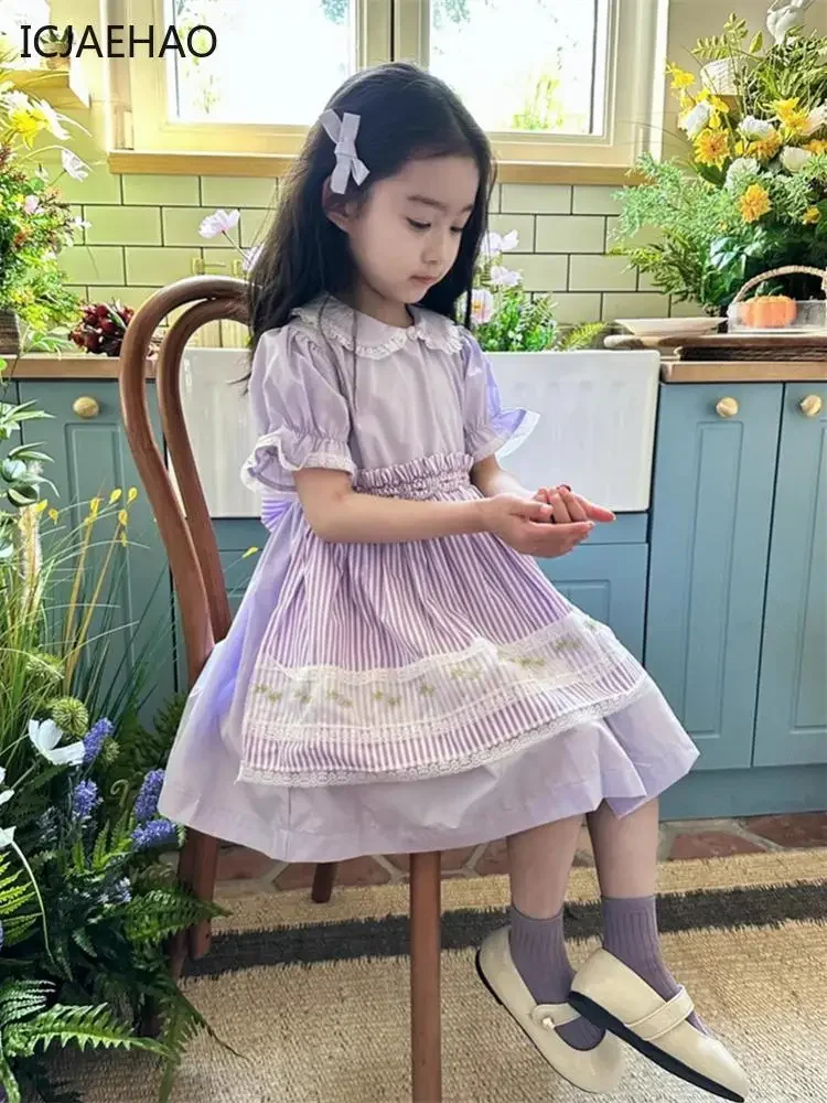 2025 Bowknot Striped Handmade Dresses for Embroidery Smocked Girls Children Lapel Collar Lace Purple Birthday Clothes