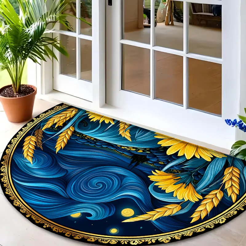 Starry Night Yellow Sunflower Blossom Graphic Art Oval Commercial Door Mat Welcome Rug For Coffee Bar Shop Store