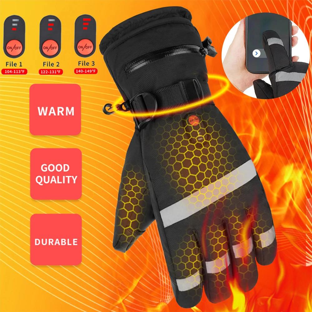 Men Electric Heating Gloves Winter Waterproof Motorcycle Heated Gloves Touch Screen 4000/5000mAh Battery Powered Skiing Gloves