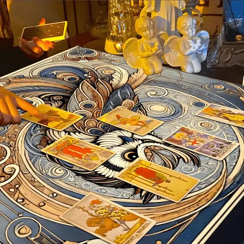 Tarot Altar Cloth Art Nouveau Golden Owl Crescent Moon Floral Divination Mat for Wiccan Tarot Reading Spiritual Astrology Decor view 4