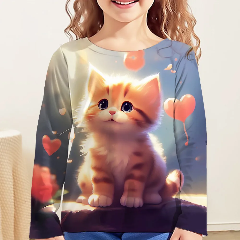 Děti oblečení děvče 3D kocour grafické T košile dětské oblečení holčičky mužstvo krk teen děvče oblečení móda dětské tričko