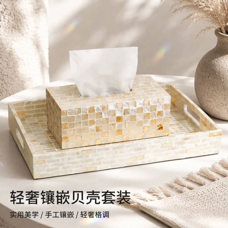 Premium Handcrafted Natural Shell Tissue Box Holder, Elegant Mosaic Decorative Napkin Organizer for Coffee Table & Dining Table.