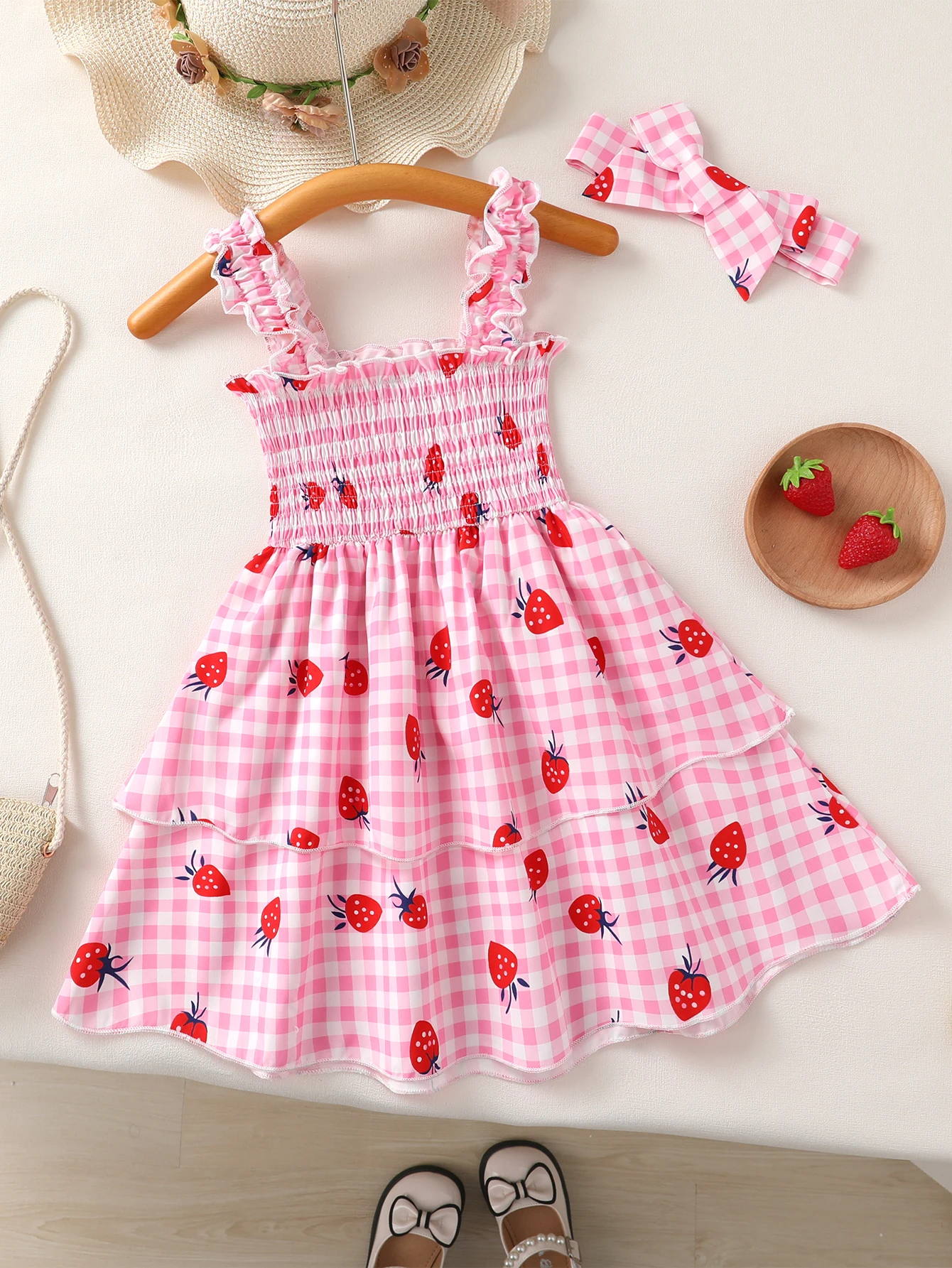 2pcs Toddler Girls' Cute Summer Strawberry Print Smocked Spaghetti Strap Sundress with Matching Headband