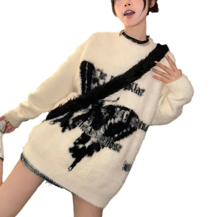 American Style Mink Fur White For Women, 2023 Autumn And Winter Loose Long Sleeved Top, Butterfly Jacquard Knitted Sweater