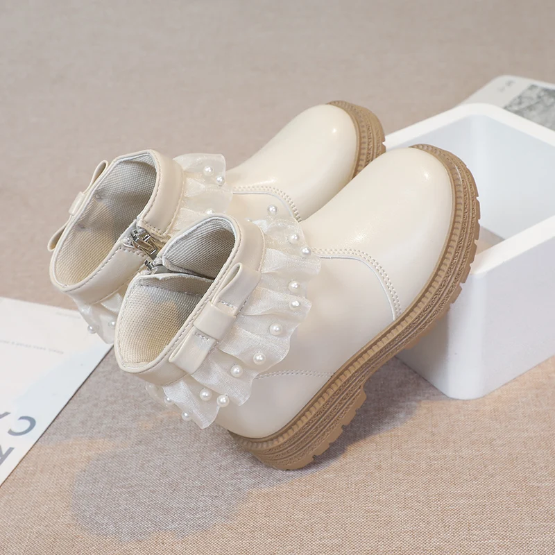 

Girls Short Boots Old Beige Lace Pearl Girls Princess Shoes Four Seasons Lightweight Non-slip Children's Single Boots Size 26-37