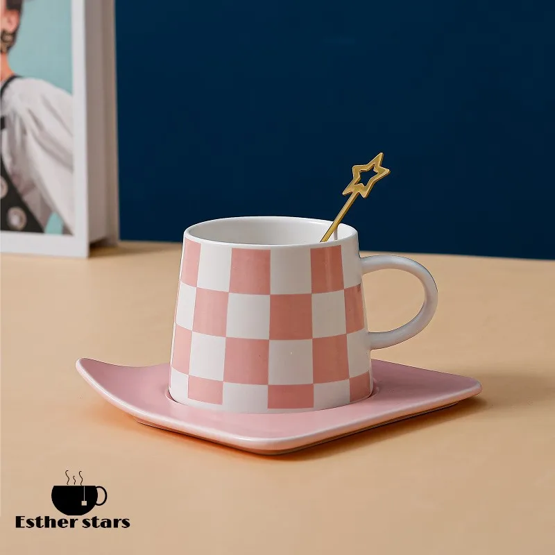 Creative Coffee Cup And Saucer With Spoon Household Breakfast Milk Handle Drinkware Solid color checkerboard Ceramic Mugs