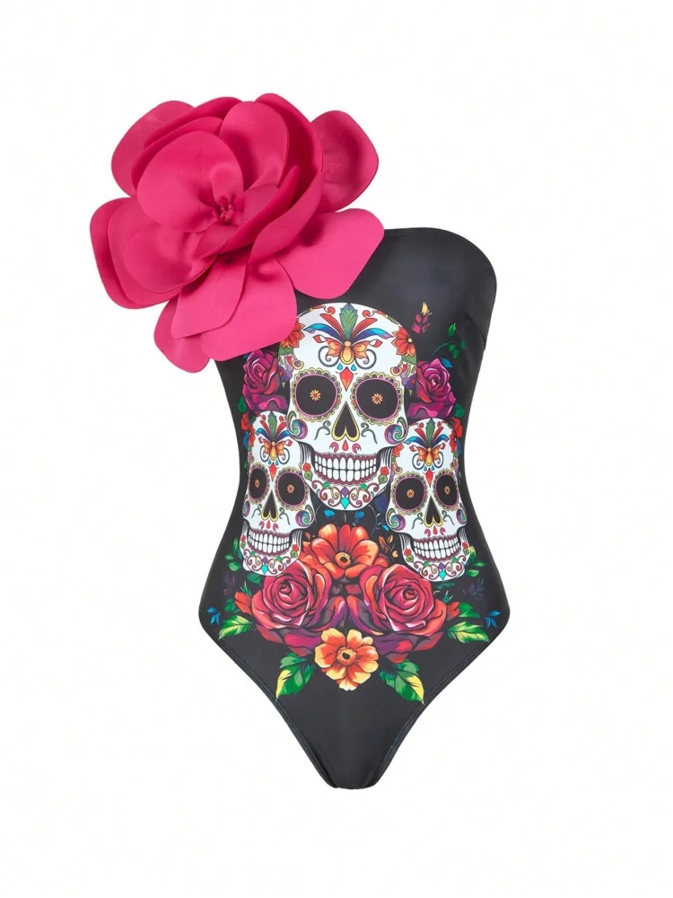 قطعة واحدة ملابس السباحة النسائية 2026 جديد الهيكل العظمي طباعة واحد الكتف الزهور ملابس الصيف Monokini بحر ثوب السباحة للإناث #3