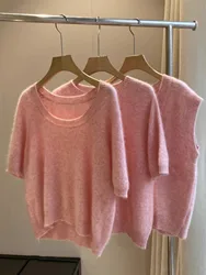 European round neck 100 pure cashmere short sleeve women's spring new knitted half-sleeve wool T-shirt U collar base shirt top