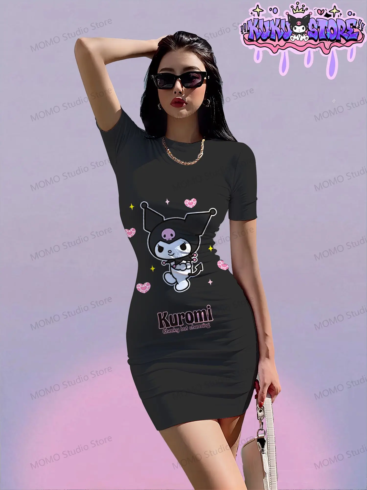 Women's Short Sleeve Hip Dress Kuromi Kawaii Summer Sanrio Young Girls Dresses S-3XL O Neck Y2k 2024 Fashion New Elegant Sexy