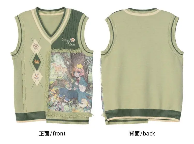 Suéter de punto estilo chica Mori, chaleco para mujer, suéter con estampado de pintura al óleo de dibujos animados Kawaii, abrigo, Jersey de punto Harajuku, chaleco, Tops