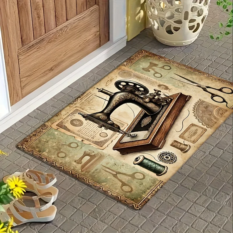 Retro Door Mat Sewing Machine and Scissor Design Anti Slip Polyester Rug Suitable for Living Room and Bedroom Decoration Carpet