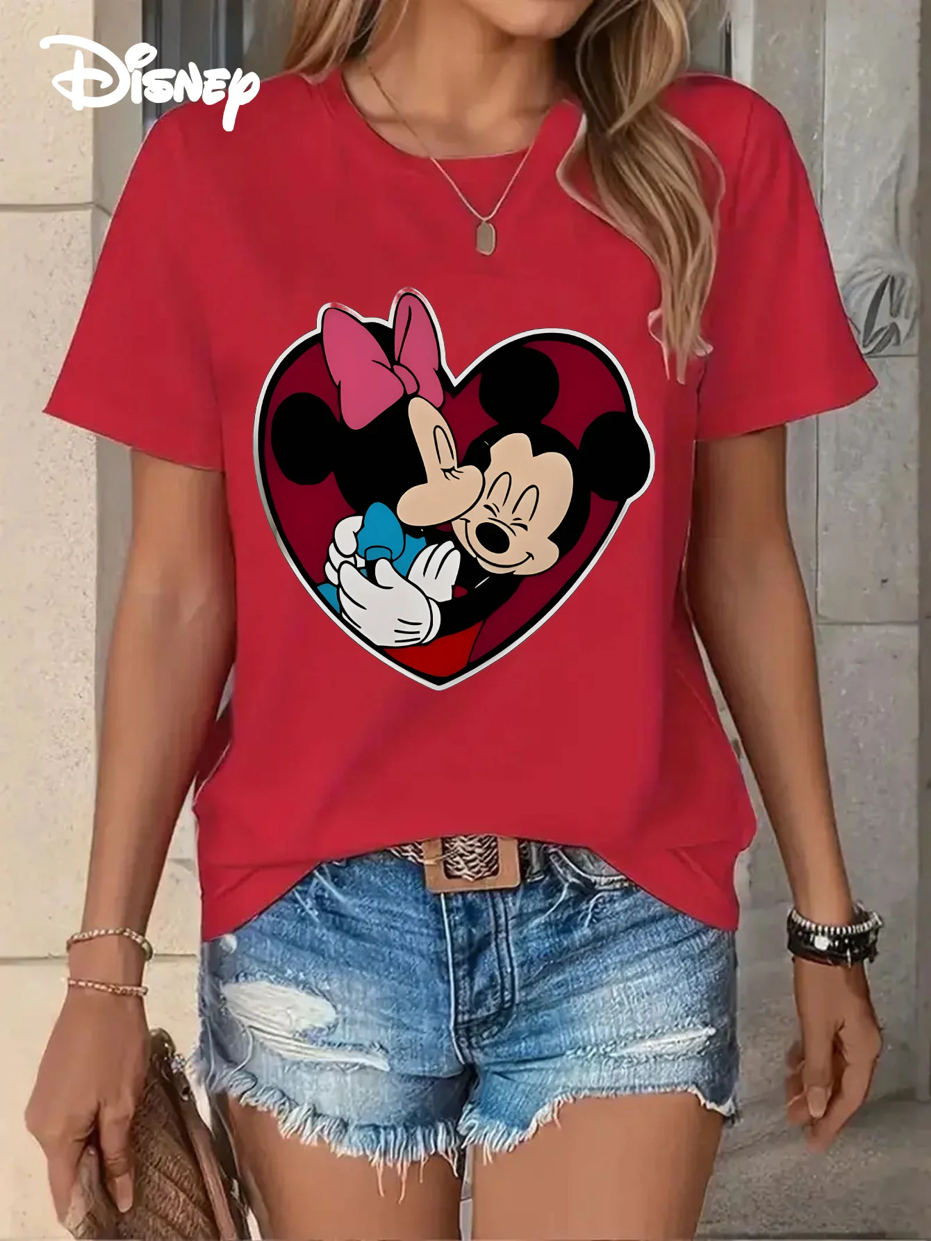 تي شيرت ديزني ميني ماوس بنمط قلب وردي - ملابس يومية ناعمة، بلوزة ربيعية بأكمام قصيرة