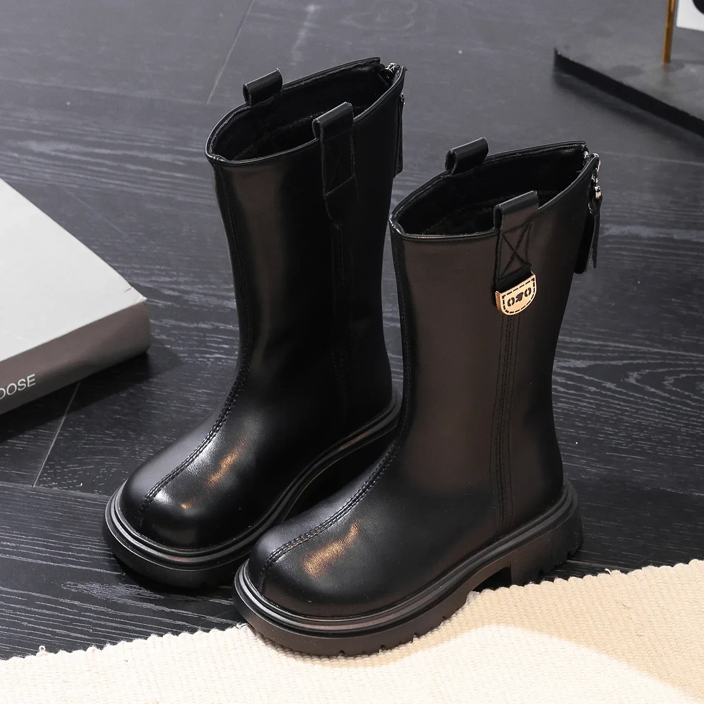 Little Girls Knee High Boots, Smooth Faux Leather, Side Zipper, Metal Badge Decor, Chunky Non Slip Sole for Party & Daily Wear