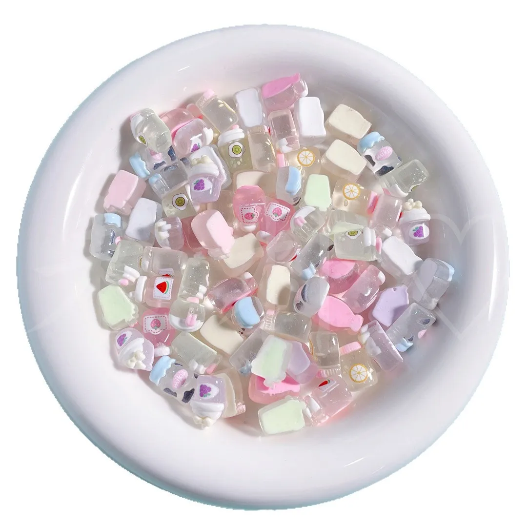 100pcs Cartoon mini transparent fine flash milk juice beverage resin jewelry accessories handmade Hairpin phone case decoration view 5