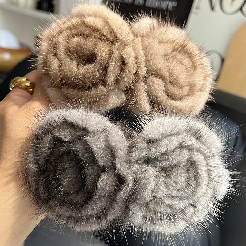 Real Mink Fur Flower Hair Clip Large Size Hairpin Barrettes For Women Girls Ponytail Temperament Clamps Hair Accessories