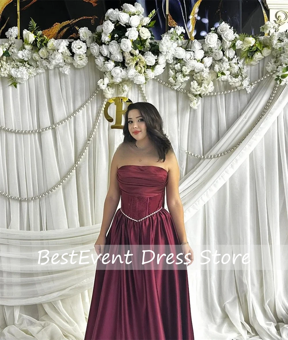 

Customized Boat Collar Pleated A-line Strapless Prom Gown Beading Draped Floor Length Dresses Evening Dresses Modern Style