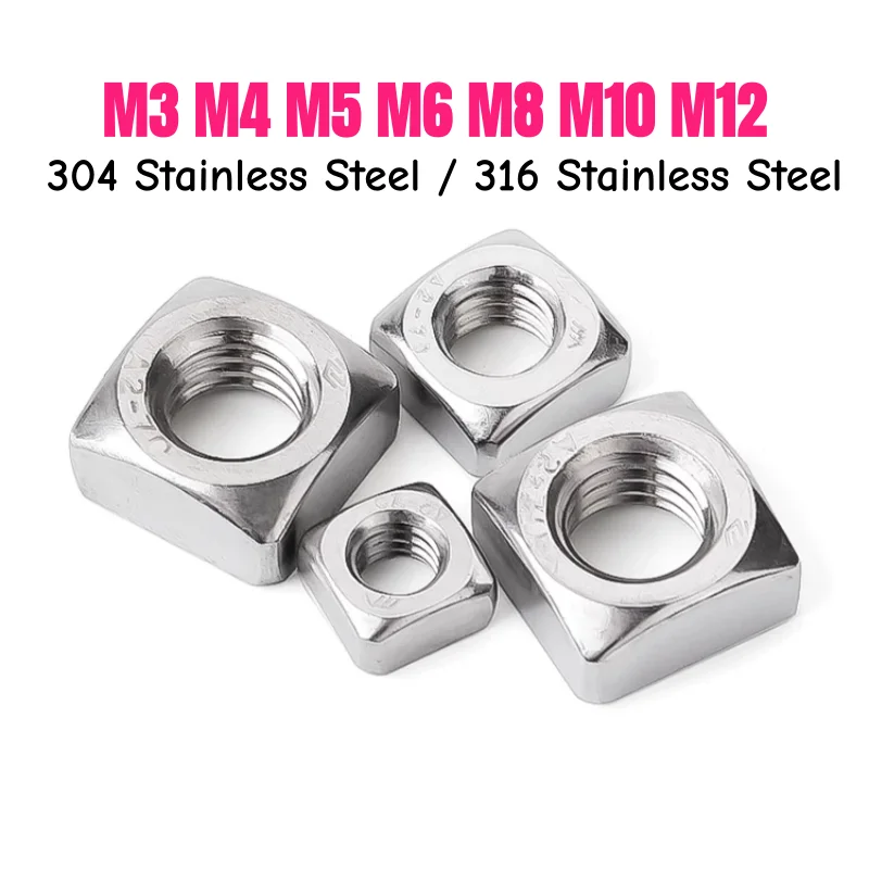 M3 M4 M5 M6 M8 M10 M12 A2 304/316 Stainless Steel Square Nut Metric Foursquare Nuts