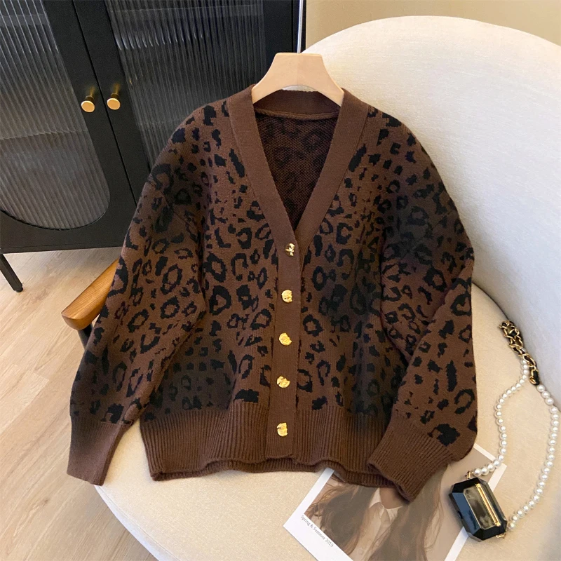 Bomon French gentle style retro lazy V-neck leopard knit cardigan coat 2024 autumn/winter new loose slimming blouse women