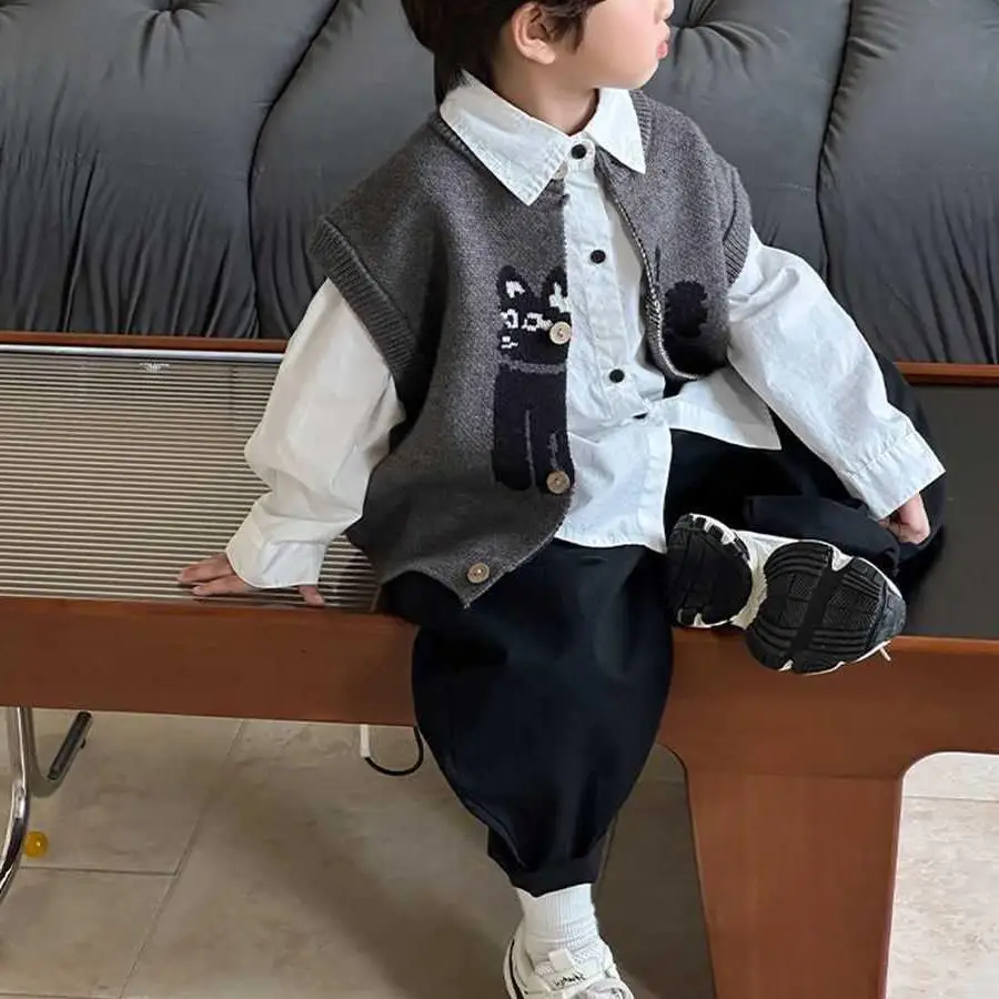 Fashion Boys Clothes Autumn Spring Knit Vest+Shirt+Loose Pants 3Pcs Korean Version Kids Coat Casual Fashion Handsome Streetwear