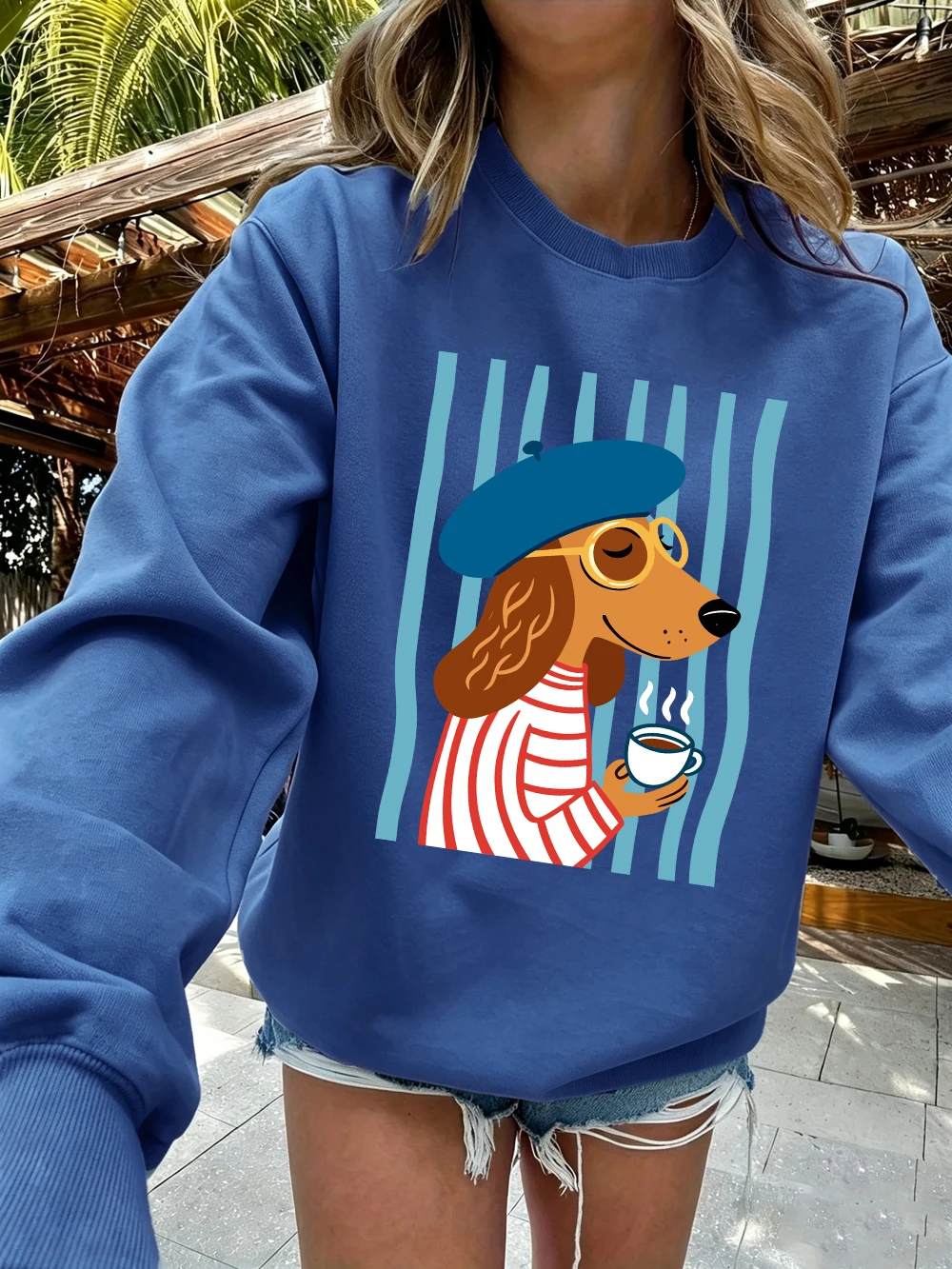 Sweatshirt mit französischer Dackel-Illustration, für Damen, lockerer, sportlicher Kapuzenpullover, Fleece, warm, Rundhalsausschnitt, Herbst, weiche Damenkleidung – Detail 18