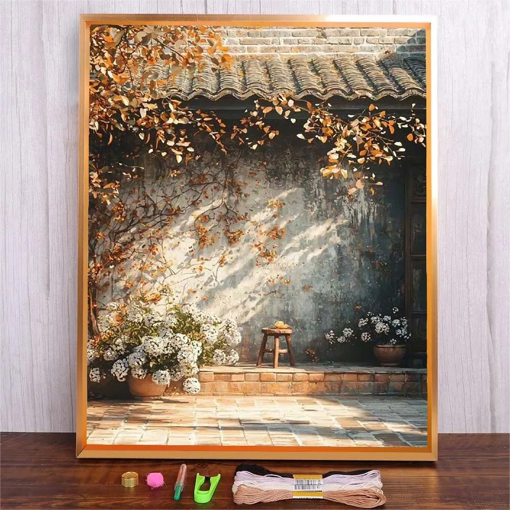 

DIY Embroidery For Beginner Craft Needle Set For Starter Kits With Cotton Thread Yard Scenery Pattern Fabric Canvas Cross Stitch