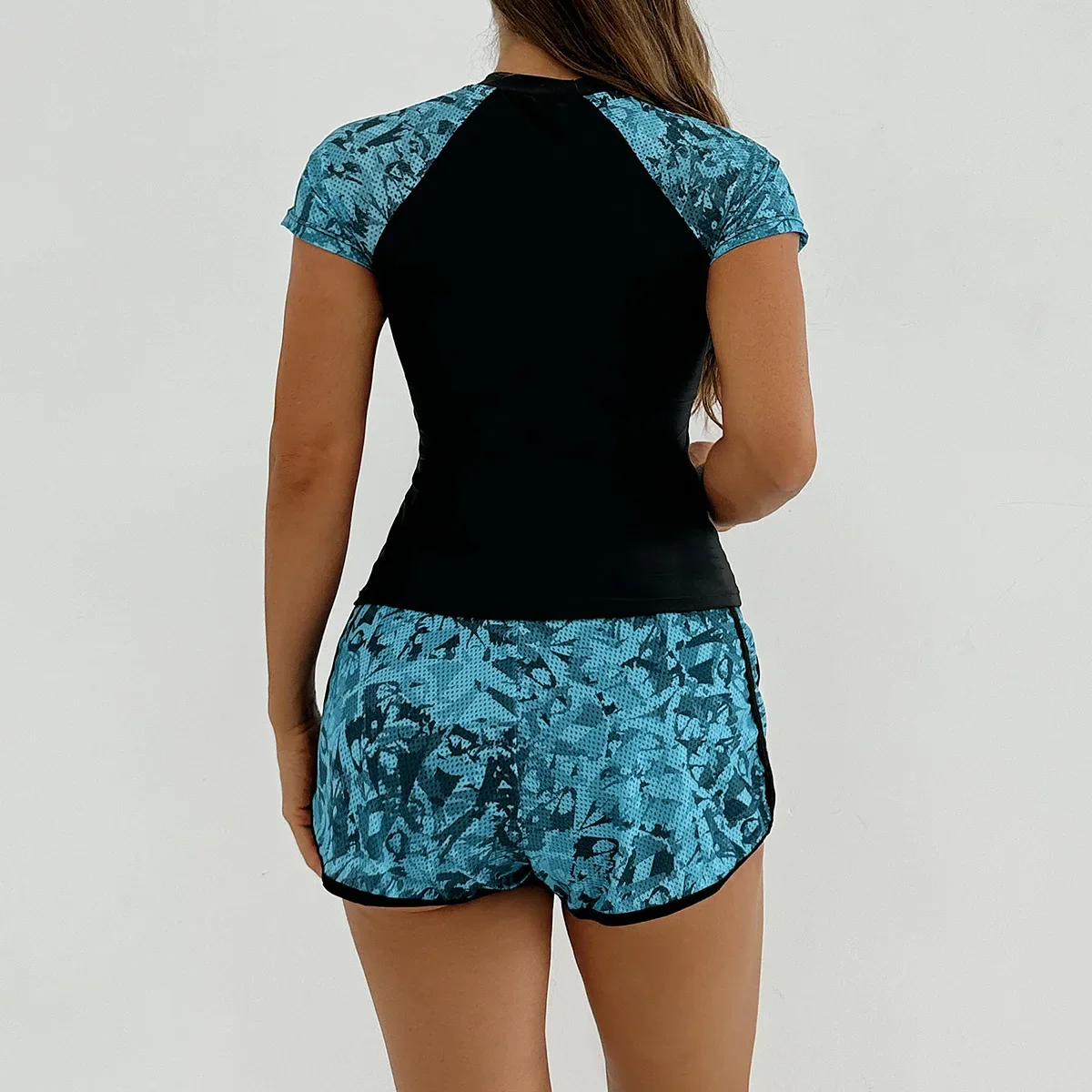 Sports Swimsuit for Women 2025 New 2 Piece Swimsuit High Waist Tankini Short Sleeve Round Neck Patchwork Bikini Set Swimwear