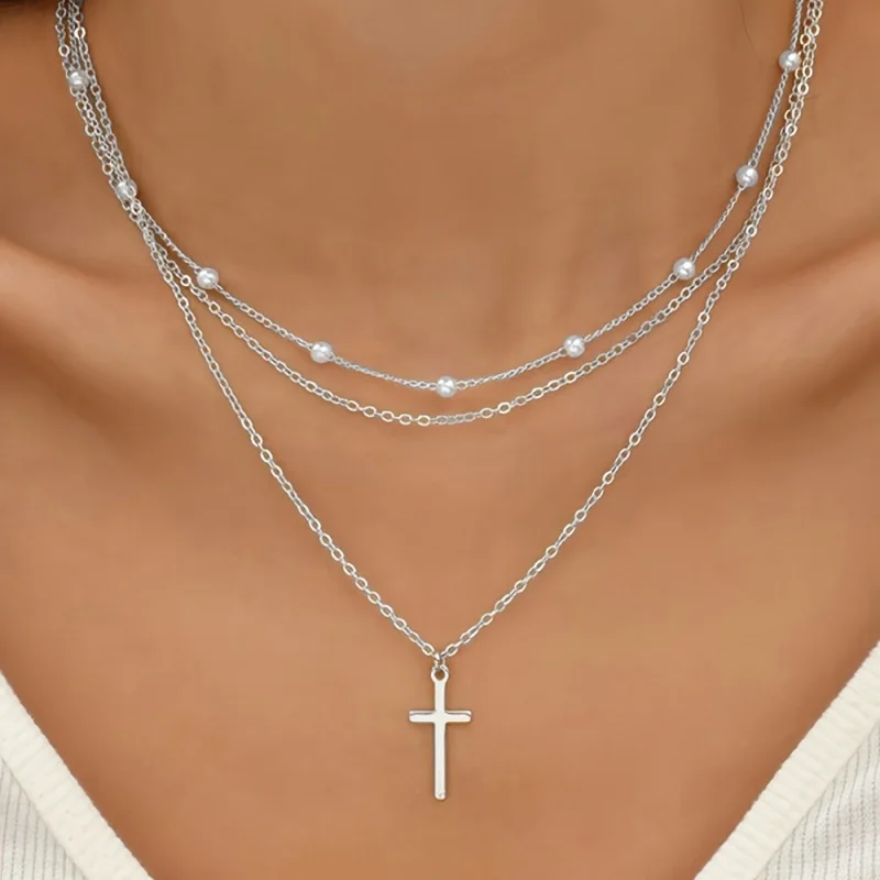 Miss JQ Minimalist style cross pendant, pearl chain, multi-layered necklace, crystal creative, women's jewelry accessories