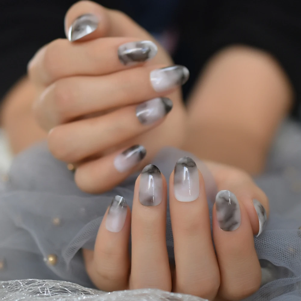 Grey Ombre Marble Nails Ink Drawing Short Oval Gradient Nail Art Tips Thick Press On Fingernails with Adhesive