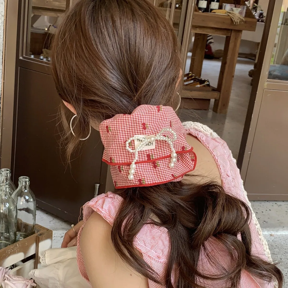 

Женские милые резинки для волос с вишневым клетчатым жемчугом, носовой платок, повязка для волос, красная, милая, стильная, резинка для волос, кожаная лента, бант, цветок для волос