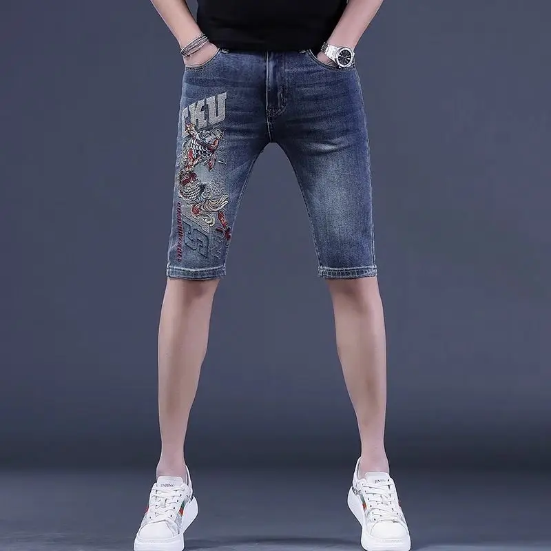 Summer Thin 2025 High-end Ripped Embroidered Denim Shorts Men's Trendy Brand Medium Slim Pants Short Jeans for Men with Tying