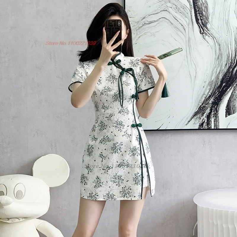 

2024 national flower print qipao dress+shorts set chinese improved qipao banquet nightclub dress oriental hotel spa work dress