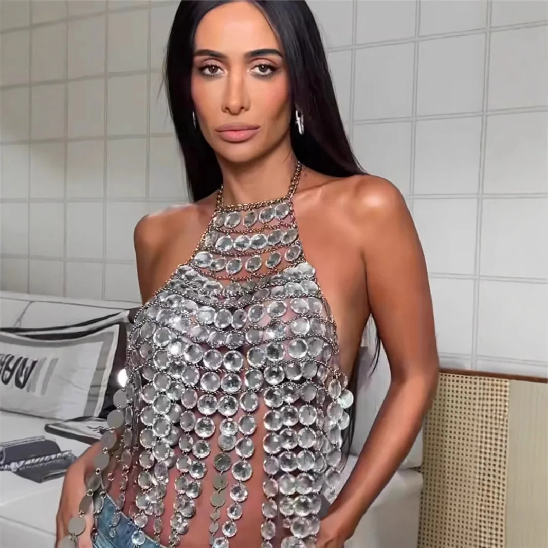 Nuevo Ceco con Borlas y Pedrería para Club, Ropa Sexy para Actuaciones, Modelo B2593, Fibra de Tres Acetatos 00%, Tempor...